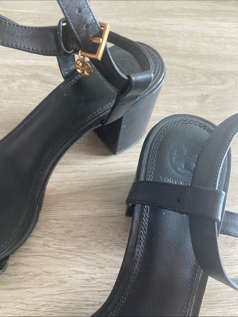 Tory Burch Black Leather Ankle-Strap Block Heel Sandals - Picture 2 of 4